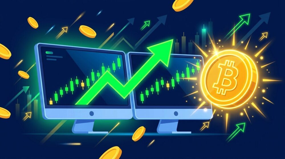 日本株とビットコインが同時急騰した2026年3月5日の市場をイメージしたイラスト