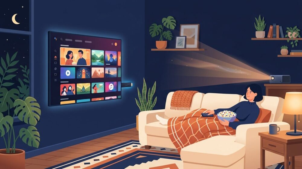 おうち映画館でVODサービスを快適に楽しむリビングルームのイラスト