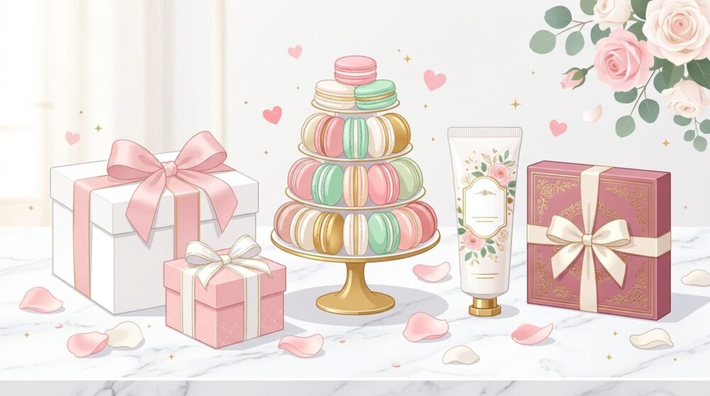 ホワイトデーのお返しにおすすめのスイーツとコスメギフトが並んだエレガントなイラスト