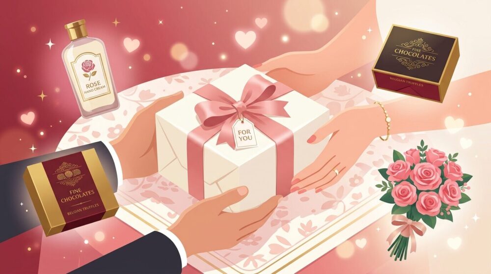 ホワイトデーに本命彼女へブランドギフトを贈るシーンのロマンティックなイラスト