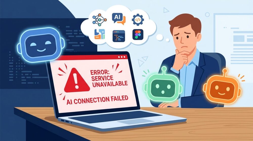 Claude障害発生時に代替AIサービスへ切り替えるビジネスパーソンをイメージしたイラスト