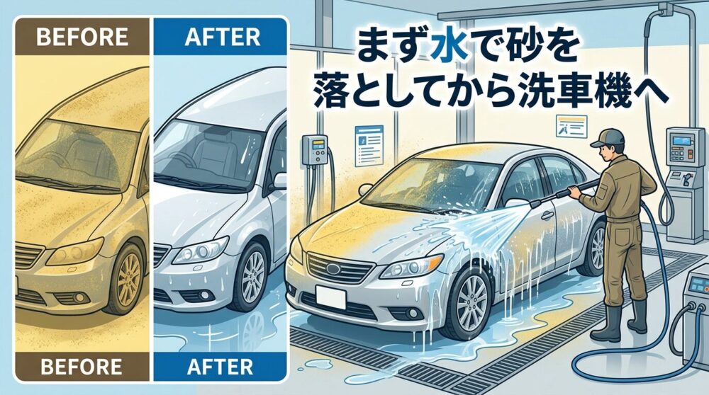 洗車場で車に高圧洗浄機の水をかけている場面。横に「まず水で砂を落としてから洗車機へ」のテキスト。ビフォー（砂だらけ）→アフター（水で流した後）の比較付き。