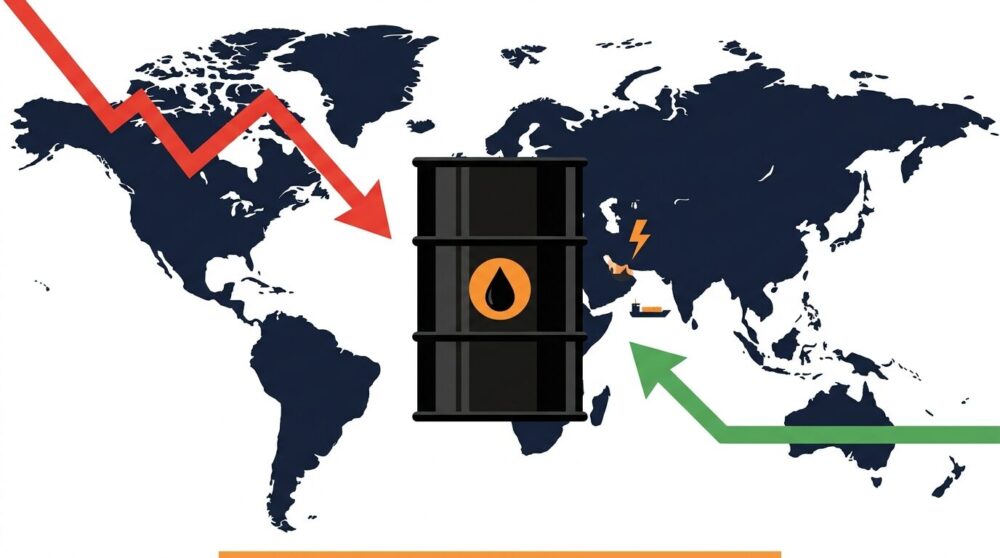 2026年4月の原油価格急落を示すイラスト｜WTI・ホルムズ海峡・価格チャートのイメージ図