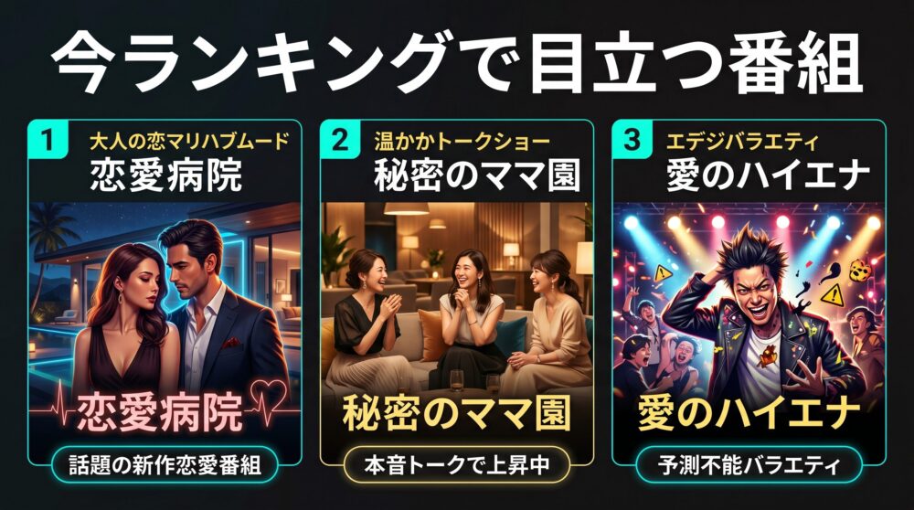 ABEMAで今ランキングで目立つ番組を紹介する特集画像。『恋愛病院』『秘密のママ園』『愛のハイエナ』の3番組を、恋愛・本音トーク・予測不能バラエティの雰囲気で分けて見せたニュース風ビジュアル。

