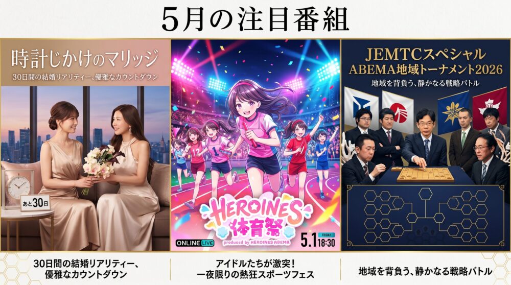 5月の注目番組を紹介するABEMA風の横長ビジュアル。左に婚活リアリティー「時計じかけのマリッジ」、中央に熱気あふれる「HEROINES体育祭」、右に将棋団体戦「JEMTCスペシャル ABEMA地域トーナメント2026」を配置したニュース風デザイン。