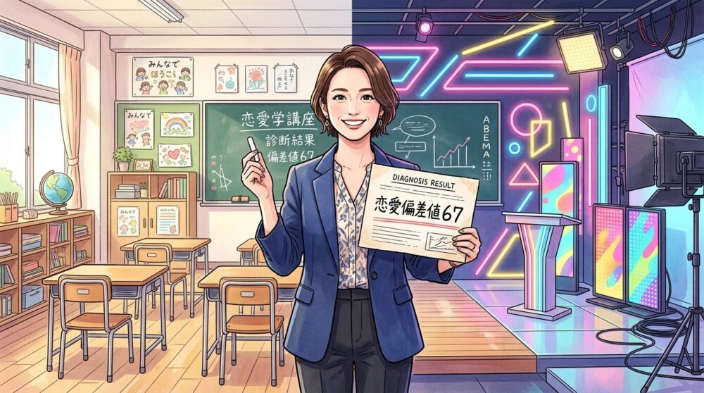 教室とテレビスタジオが融合した空間に立つ千間泉実のイラスト