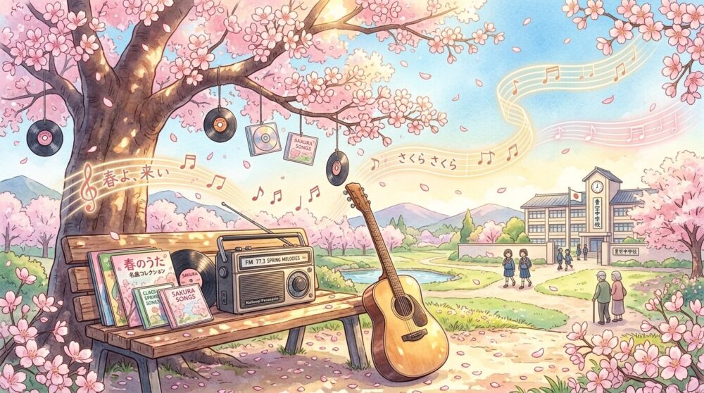 「定番の王道春ソング【鉄板8曲】」というテーマで、世代を超えて愛される春の名曲を象徴するイラスト