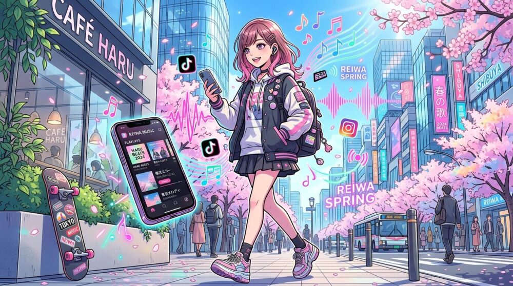 「最新&令和の人気春ソング」というテーマで、2020年代のモダンで今っぽい春の雰囲気を表現したイラスト