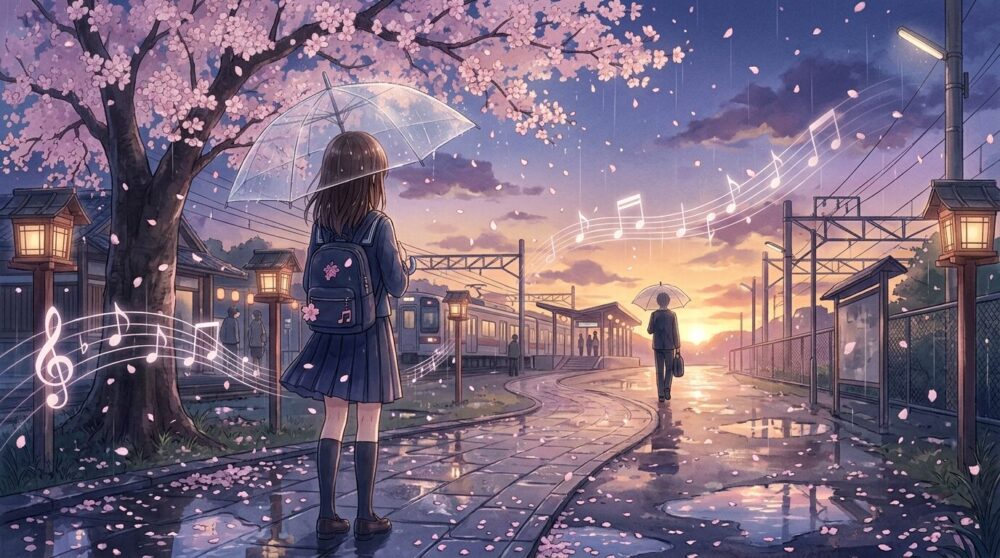 「泣ける&しっとり春ソング【3曲】」というテーマで、お別れの季節の切なさと感動を表現したイラスト