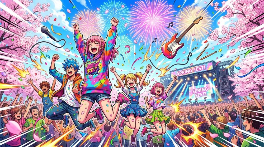 エネルギッシュで最高潮に盛り上がる春のパーティー感を表現したイラスト