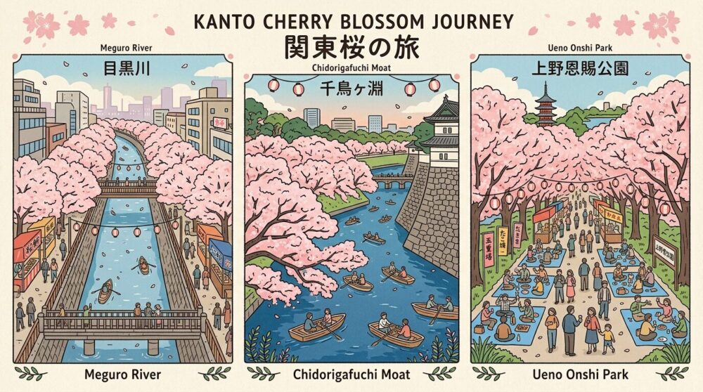 関東のおすすめ花見スポット3カ所(目黒川、千鳥ヶ淵緑道、上野恩賜公園)を表現したイラスト