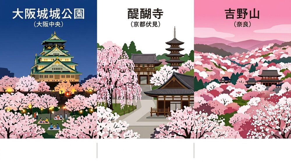 関西のおすすめ花見スポット3カ所(大阪城公園、醍醐寺、夙川公園)を表現したイラスト