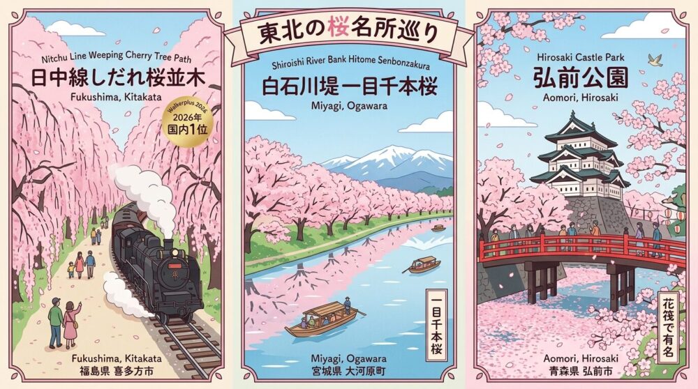 東北のおすすめ花見スポット3カ所(日中線しだれ桜並木、白石川堤一目千本桜、弘前公園)を表現したイラスト