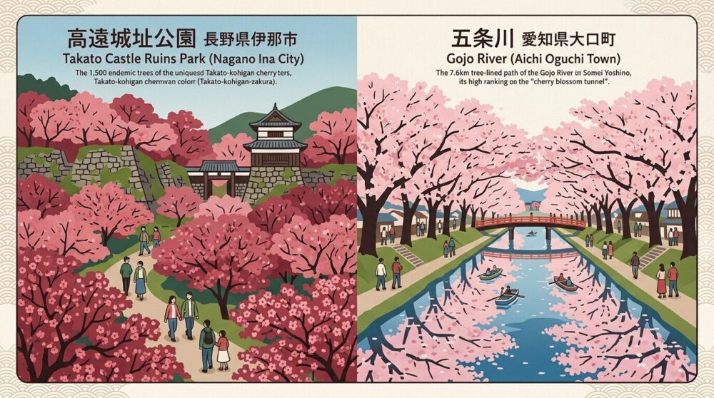 中部・甲信越のおすすめ花見スポット2カ所(高遠城址公園、五条川)を表現したイラスト