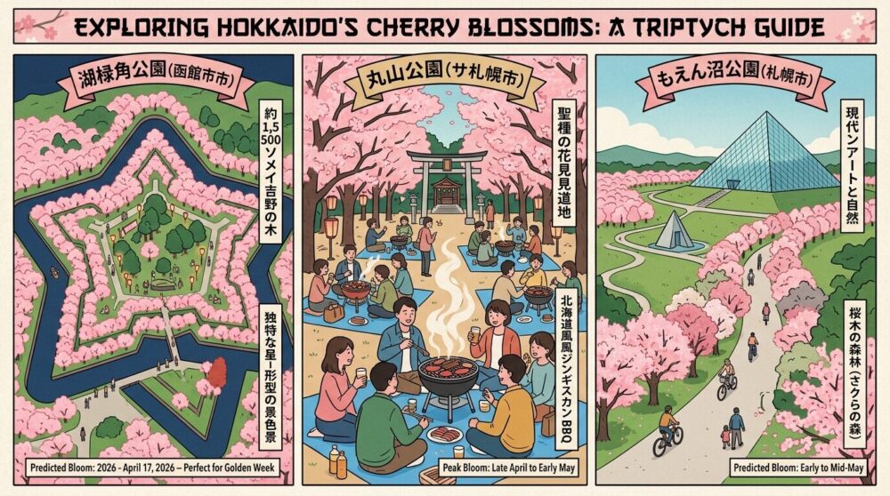 北海道のおすすめ花見スポット3カ所(五稜郭公園、円山公園、松前公園)を表現したイラスト