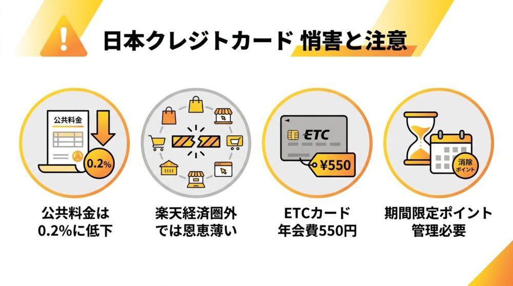 日本語表示で楽天カードの4つの注意すべきデメリットを視覚的に表現したインフォグラフィックイラスト