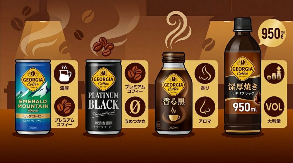 ジョージアの定番ラインナップを視覚的に分かりやすく紹介する、ポップでインフォグラフィック風のイラスト