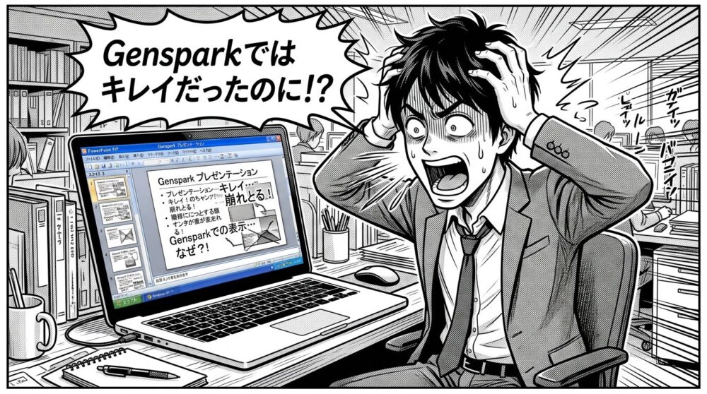 Gensparkのスライドをエクスポートしたらレイアウトが崩れたイラスト
