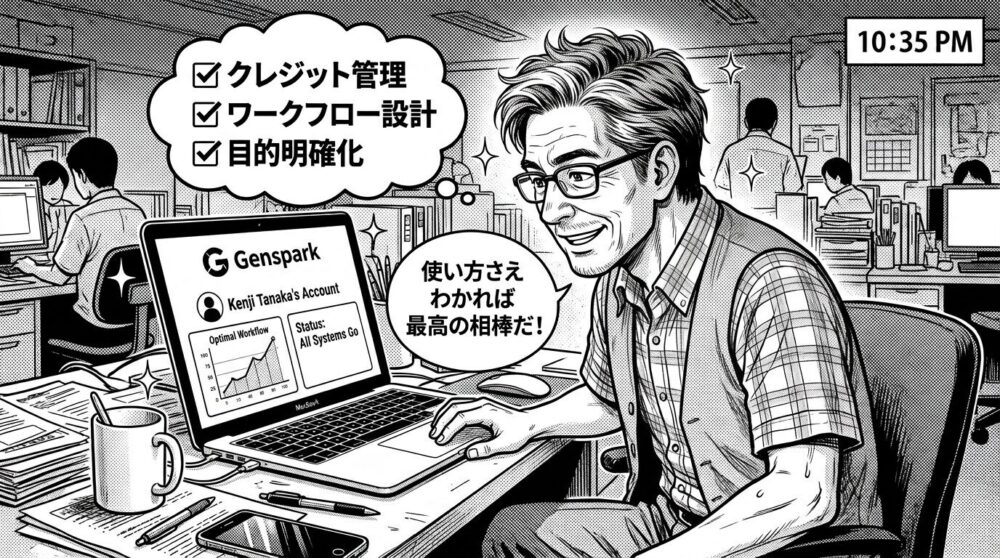 Gensparkを使いこなして満足している男性のイラスト
