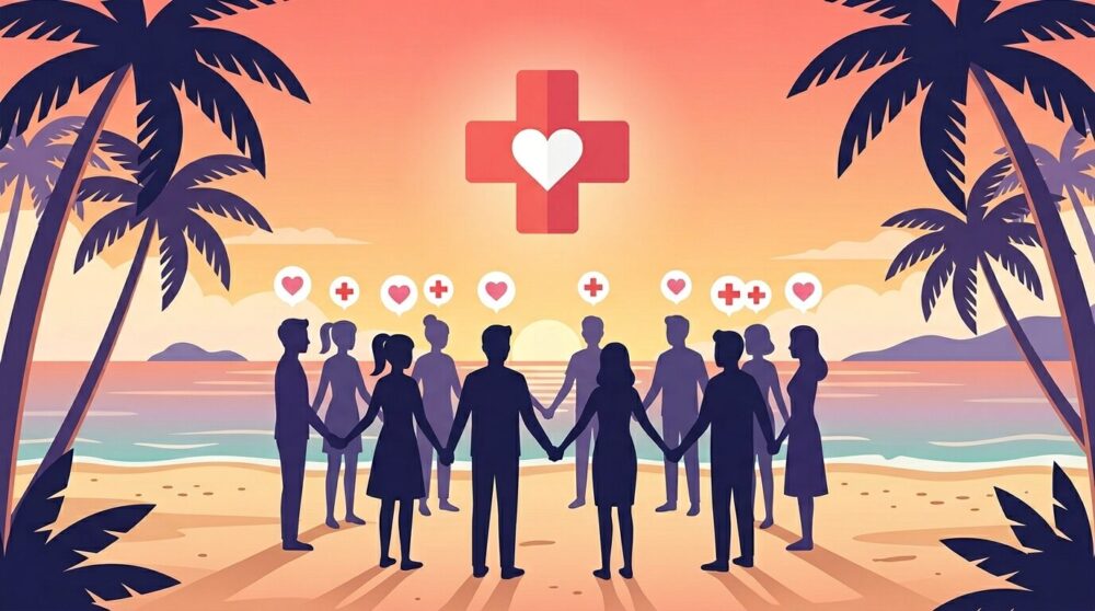 ABEMA恋愛病院の出演キャスト10人をイメージした沖縄の夕暮れビーチに立つシルエットイラスト
