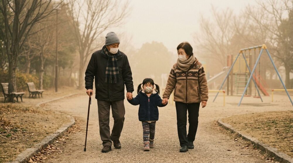 かすんだ公園で、マスクをした小さな子どもの手を引く祖父母。黄砂で霞む空と、遊具がうっすら砂をかぶっている様子。やさしいトーンの写真風。