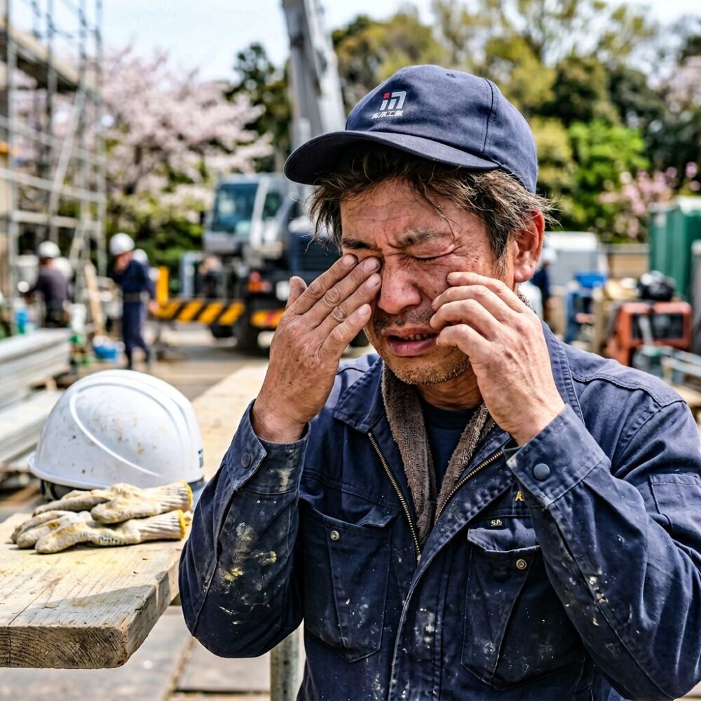  目をこする作業員のクローズアップ。背景にうっすら黄色く汚れた工事用ヘルメットと手袋。春の屋外現場の雰囲気。