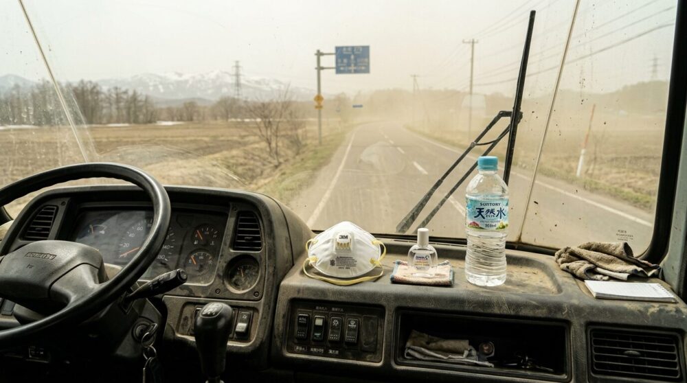 工事車両のダッシュボードに並んだマスク・目薬・ペットボトルの水。フロントガラス越しに黄色くかすんだ北海道の道路。