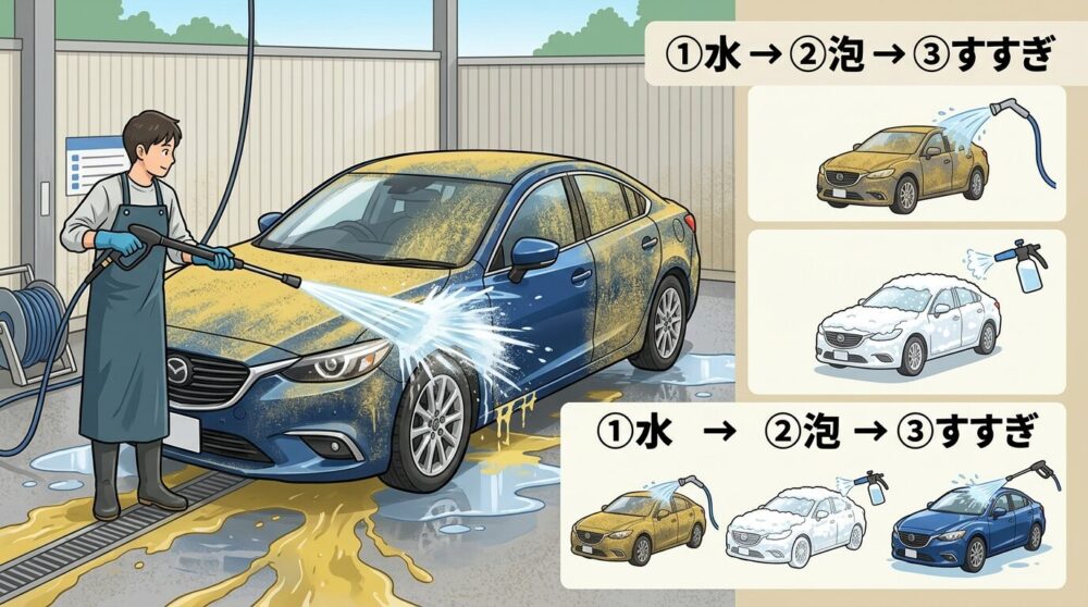 高圧洗浄機で車に大量の水をかけて黄砂を流している場面。横に「①水→②泡→③すすぎ」の3ステップ図解。