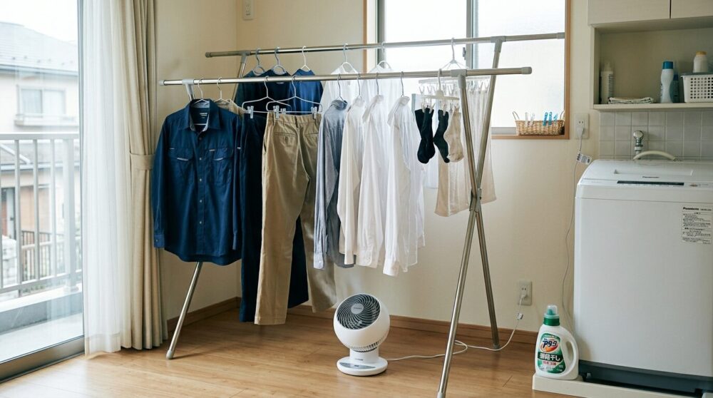  室内の物干しに作業着が間隔をあけて干され、足元にサーキュレーターが風を当てている場面。横に部屋干し用洗剤のボトル。