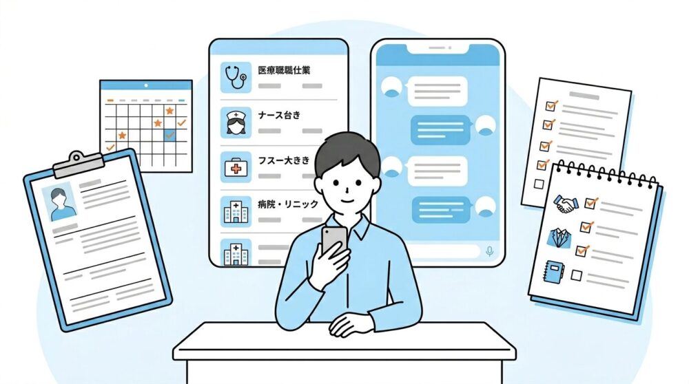 スマートフォンで医療職の転職相談をしている人のイラスト