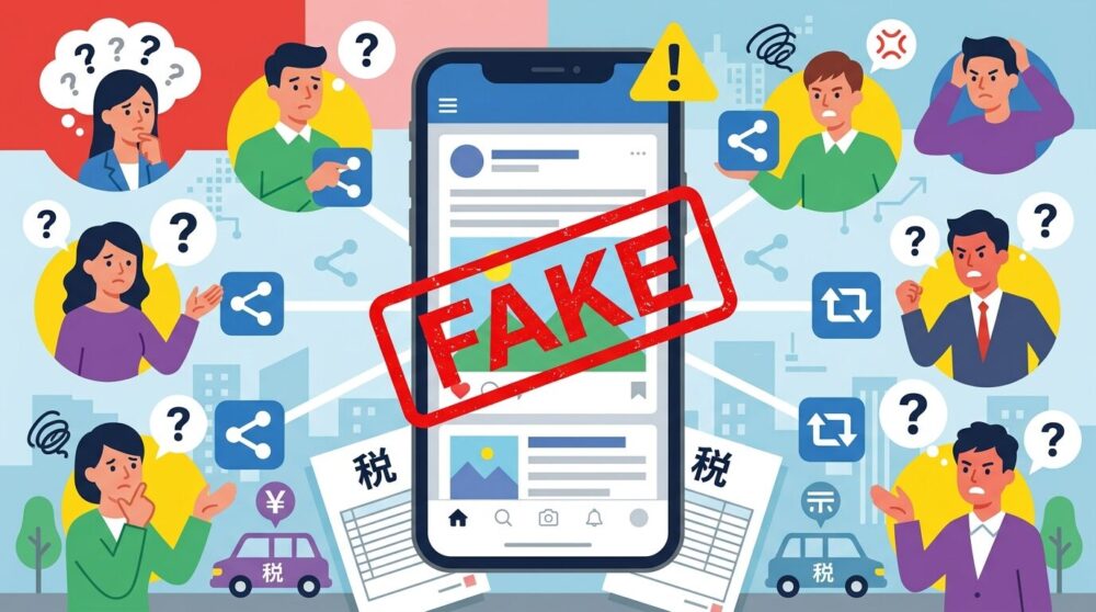 SNSで拡散されるフェイクニュースの警告イラスト。スマートフォン画面に偽ニュース投稿と赤い「FAKE」スタンプが表示され、周囲に困惑する人々と拡散される様子を描いた図