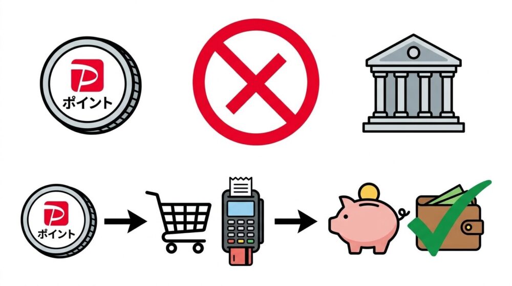 PayPayポイントは銀行口座へ直接出金できないことと、買い物で使って現金を残す代替方法を示すイラスト
