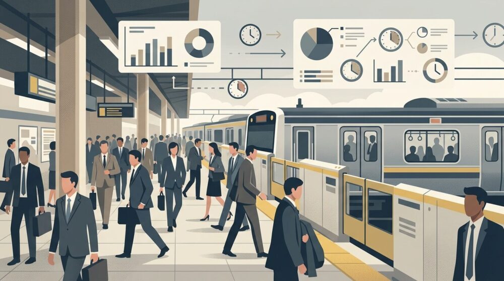 東京の通勤ラッシュでホームドア完備の駅に並ぶ通勤客と遅延統計を示すイラスト