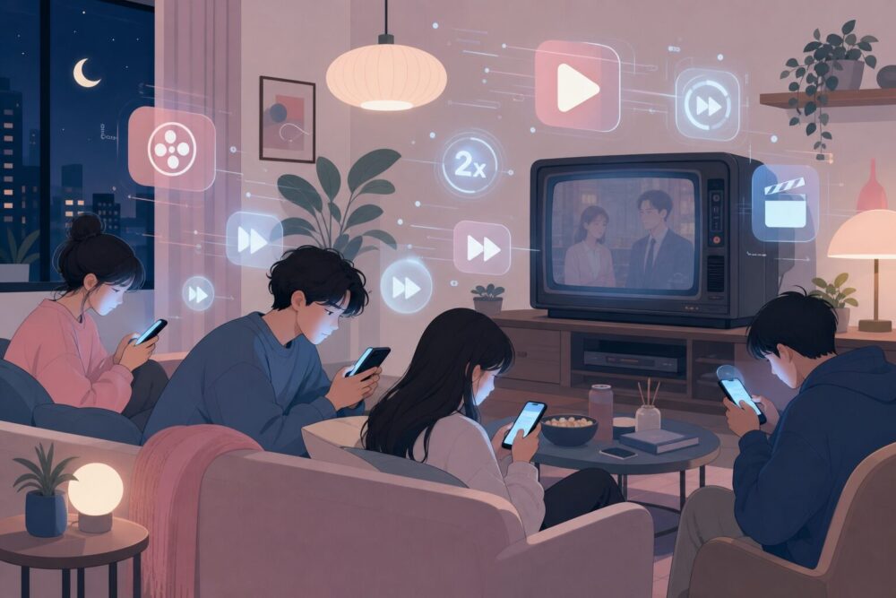 暗いリビングで誰も見ていない地上波ドラマのテレビと、スマホで配信動画を倍速視聴する若者たちを描いたイラスト