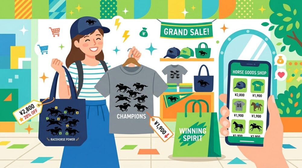 名馬6頭デザインのグッズを手にする買い物客とオンラインストアを描いたカラフルなイラスト