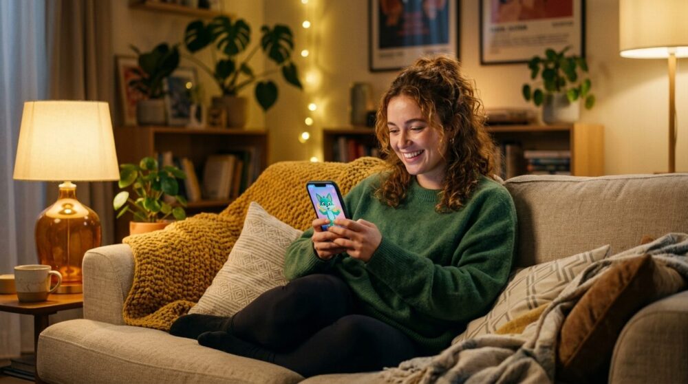 夜の自宅でスマホのAIアバターアプリを楽しむ人のライフスタイル写真