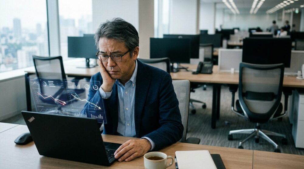 AIの影響で揺れるオフィスと、画面を見つめる中高年のビジネスパーソン