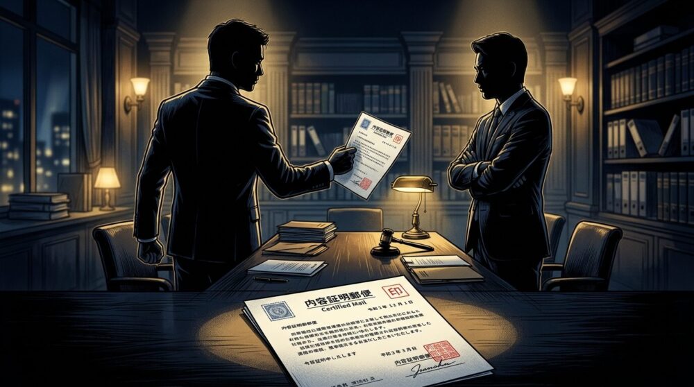 対立する二人のビジネスマンと内容証明書のイラスト──三崎優太氏と溝口勇児氏の法廷闘争を示すイメージ画像
