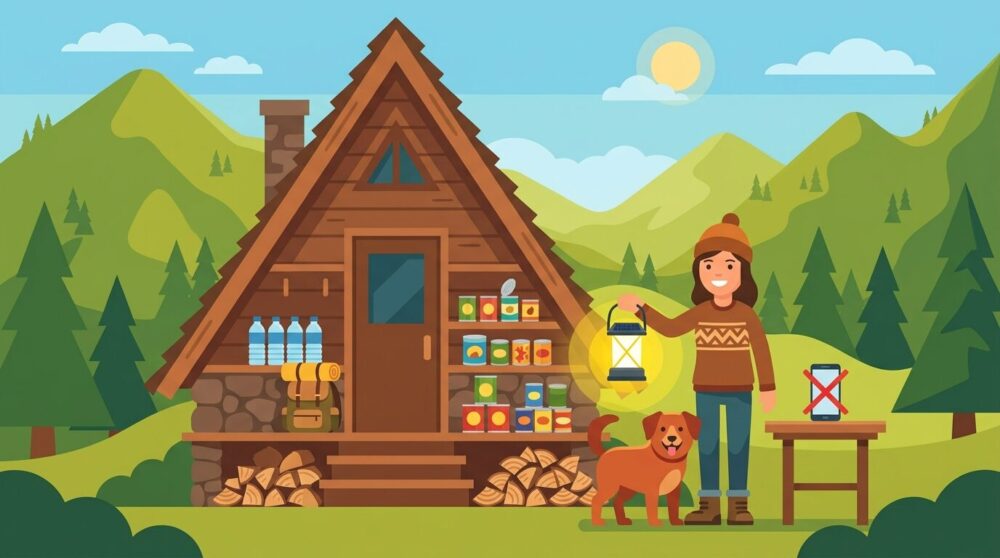 山小屋で備蓄・薪・ランタンを使い、スマホを断って暮らす防災生活と犬を描いたイラスト