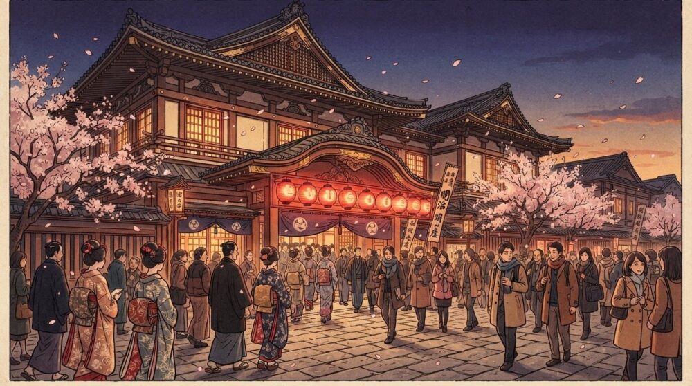 明治座をイメージした和風劇場のイラスト、伝統芸能と新たな挑戦を表現

