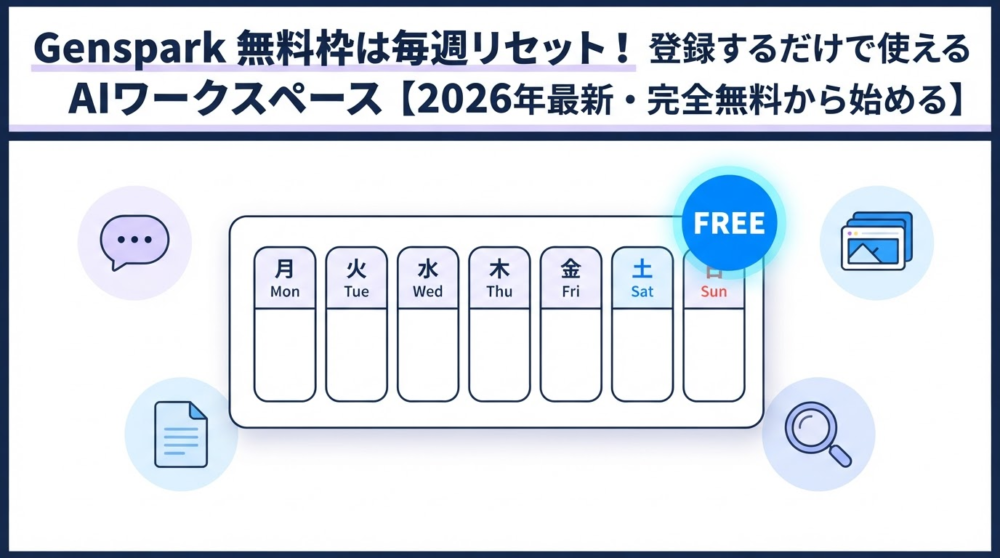 毎週リセットされるGensparkのFree Quotaのイメージ図。
カレンダーとAI機能アイコンが並んでいる。
