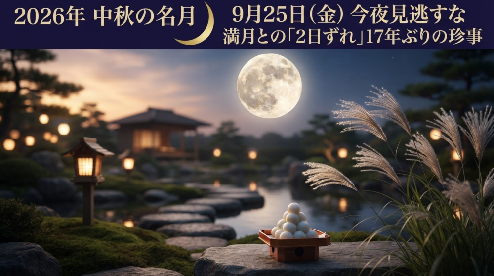 中秋の名月の夜、すすきと月見団子が並ぶ日本庭園に大きな月が昇る幻想的な風景。
