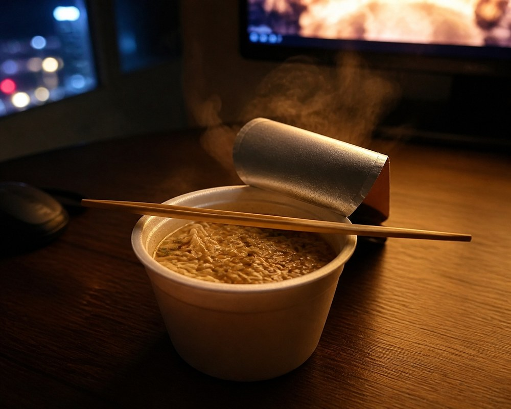 深夜のカップ麺は、それだけで画になる。柚子の風味という言葉が妙にリアルだった。
